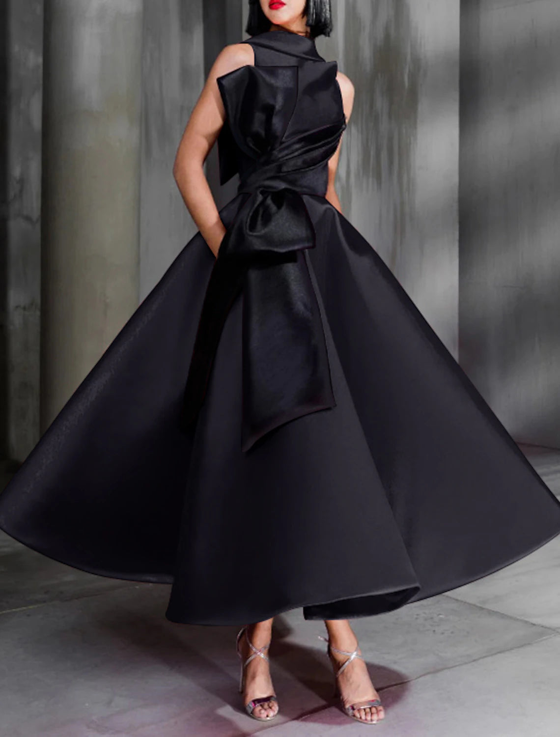 Wholesale Ball Gown Color Block Celebrity Style Elegant Prom Formal Evening Birthday Dress Christmas Red Green Dress High Neck Sleeveless Ankle Length Satin with Bow(s)