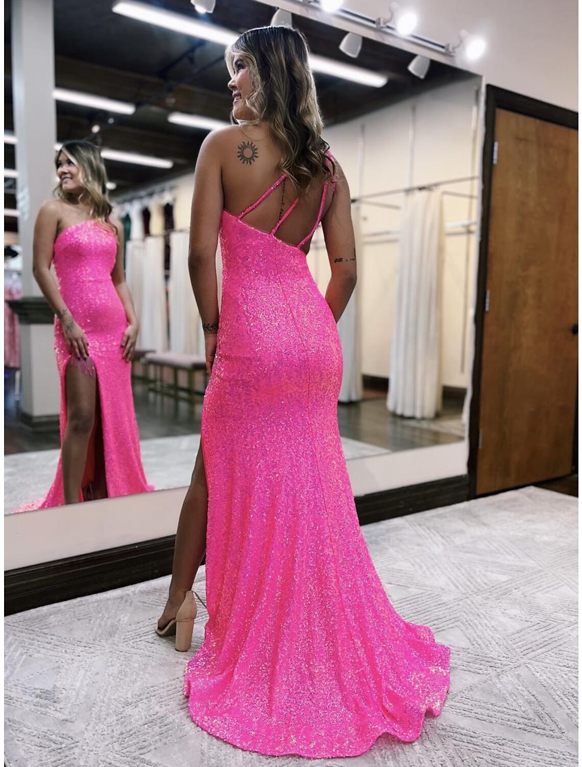 Wholesale  Mermaid / Trumpet Prom Dresses Sparkle & Shine Dress Formal Wedding Party Sweep / Brush Train Sleeveless One Shoulder Sequined Backless with Sequin Slit
