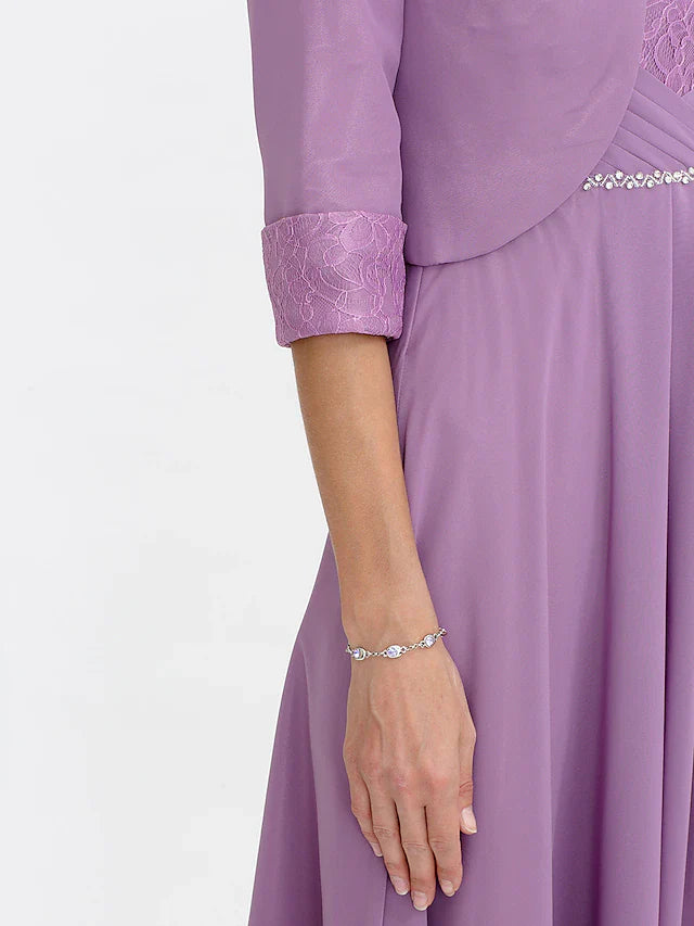 Wholesale Two Piece Ball Gown A-Line Mother of the Bride Dress Formal Church Convertible Dress High Low See Through Illusion Neck Asymmetrical Chiffon Lace 3/4 Length Sleeve with Crystals