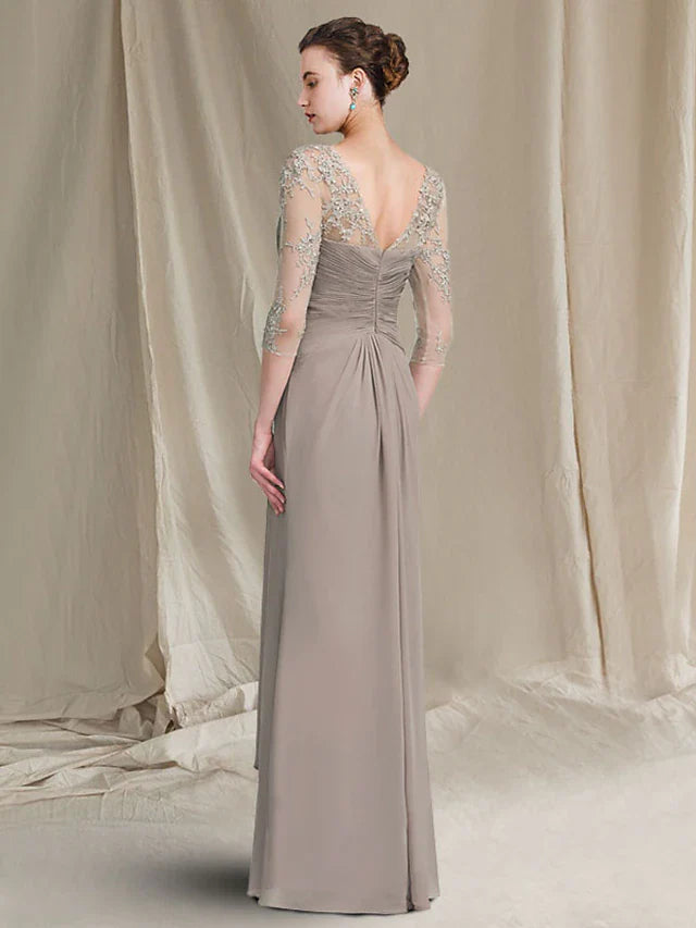 Wholesale A-Line Mother of the Bride Dress Plus Size Elegant Jewel Neck Floor Length Chiffon Lace 3/4 Length Sleeve with Ruched Appliques