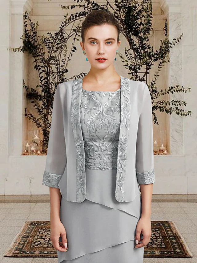 Wholesale Two Piece Sheath / Column Mother of the Bride Dress Church Elegant Square Neck Jewel Neck Knee Length Chiffon Lace Sleeveless Wrap Included with Ruffles Appliques