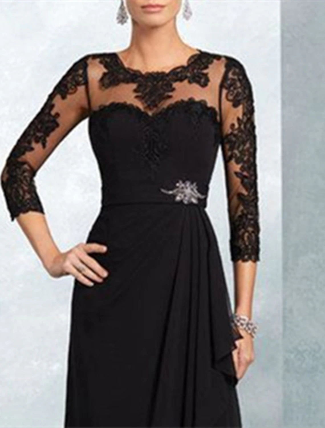 Wholesale A-Line Mother of the Bride Dress Wedding Guest Party Elegant Jewel Neck Floor Length Chiffon Lace 3/4 Length Sleeve with Sash / Ribbon Appliques