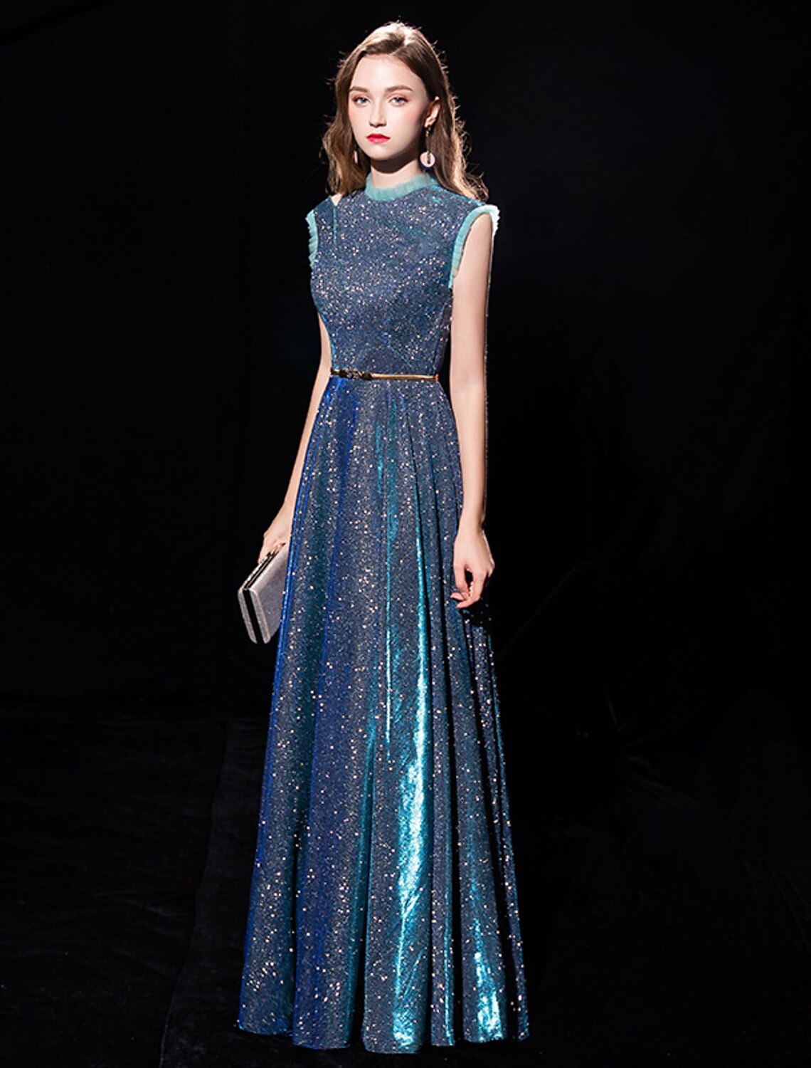 Wholesale A-Line Elegant Sparkle & Shine Formal Evening Dress High Neck Sleeveless Floor Length Tulle with Sash / Ribbon