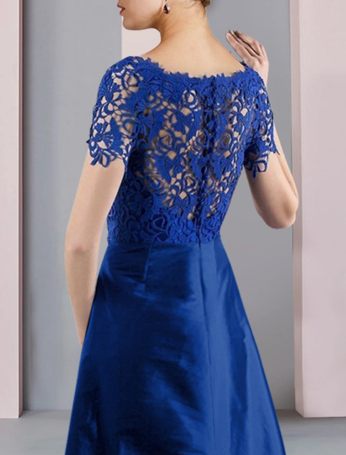 Wholesale  Two Piece Sheath / Column Mother of the Bride Dress Formal Church Elegant detachable Scoop Neck Knee Length Lace Taffeta Short Sleeve with Bow(s) Crystal Brooch