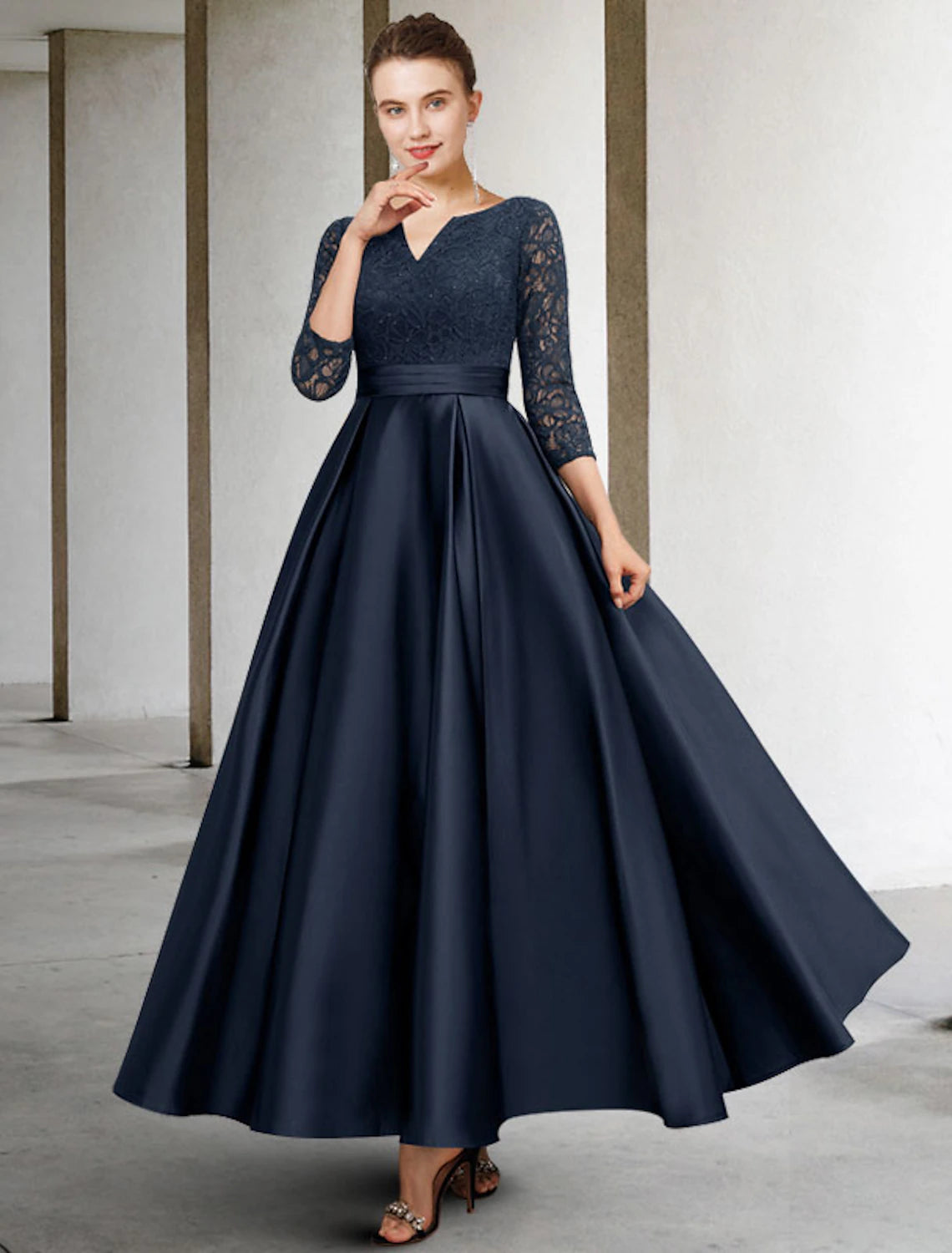 Wholesale  A-Line Mother of the Bride Dress Plus Size Elegant V Neck Ankle Length Satin Lace 3/4 Length Sleeve No with Pleats Ruched