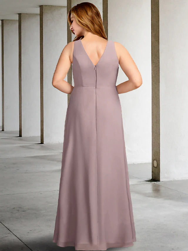 Wholesale Two Piece A-Line Plus Size Curve Mother of the Bride Dresses Elegant Dress Formal Floor Length Sleeveless V Neck Chiffon with Pleats Ruffles