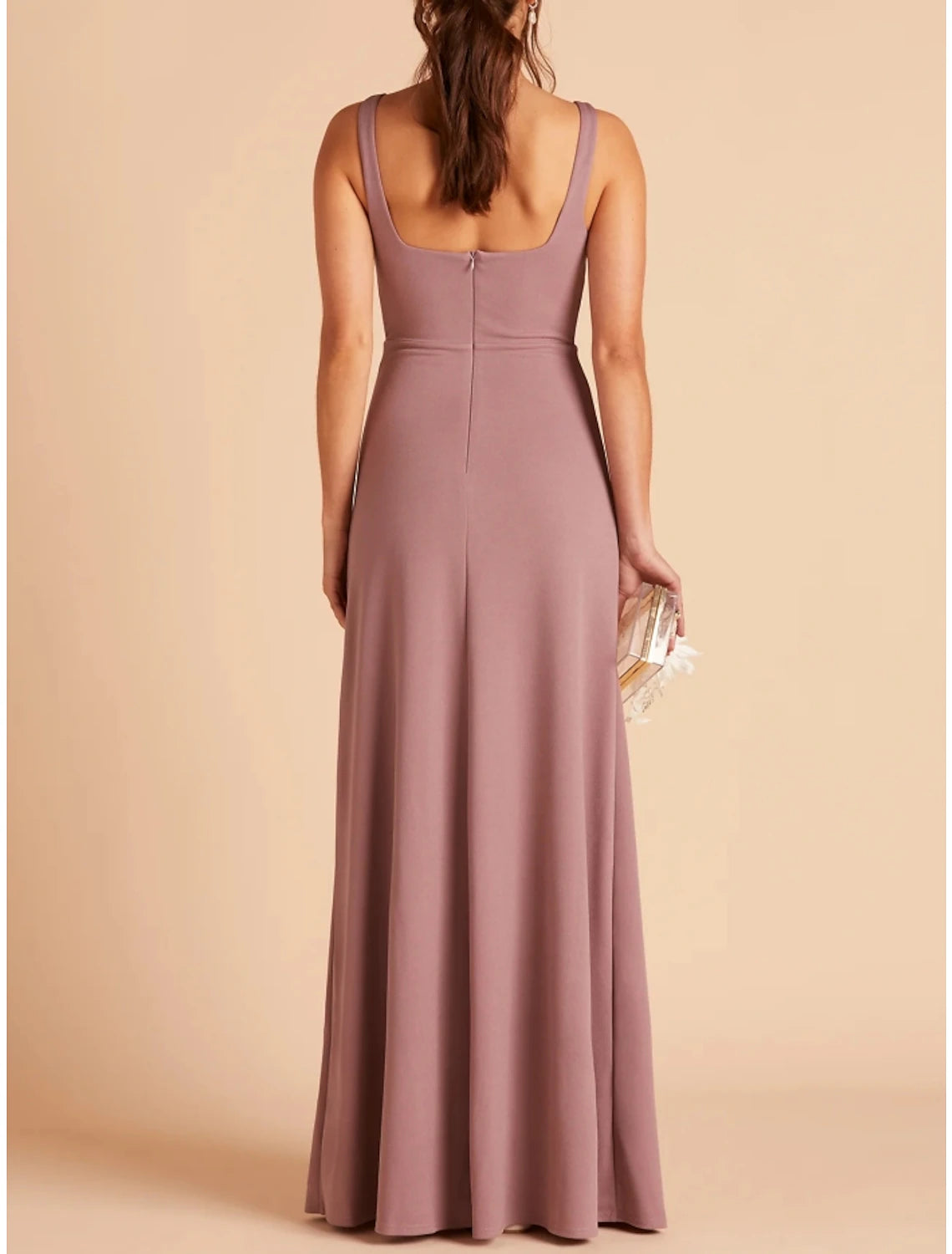 Wholesale Sheath / Column Bridesmaid Dress Square Neck Sleeveless Pink Floor Length Stretch Chiffon with Split Front / Ruching