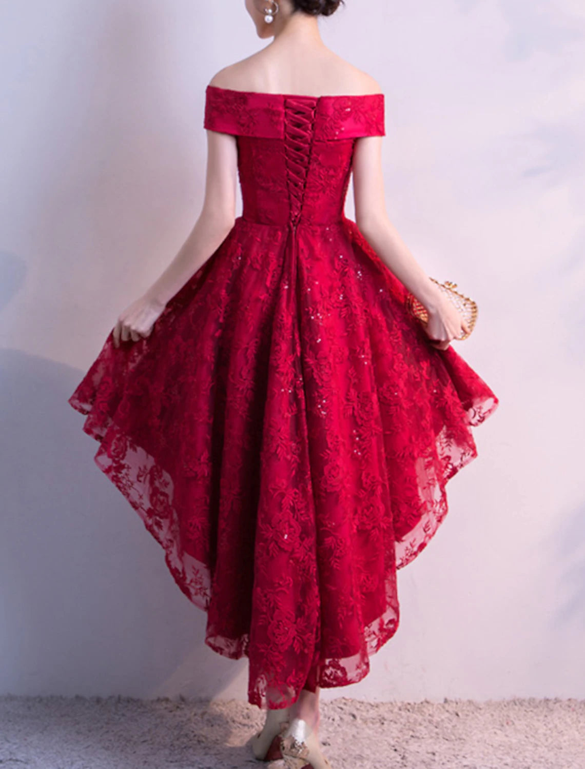 Wholesale A-Line Cocktail Dresses Floral Dress Party Wear Cocktail Party Asymmetrical Short Sleeve Off Shoulder Tulle with Pleats Embroidery