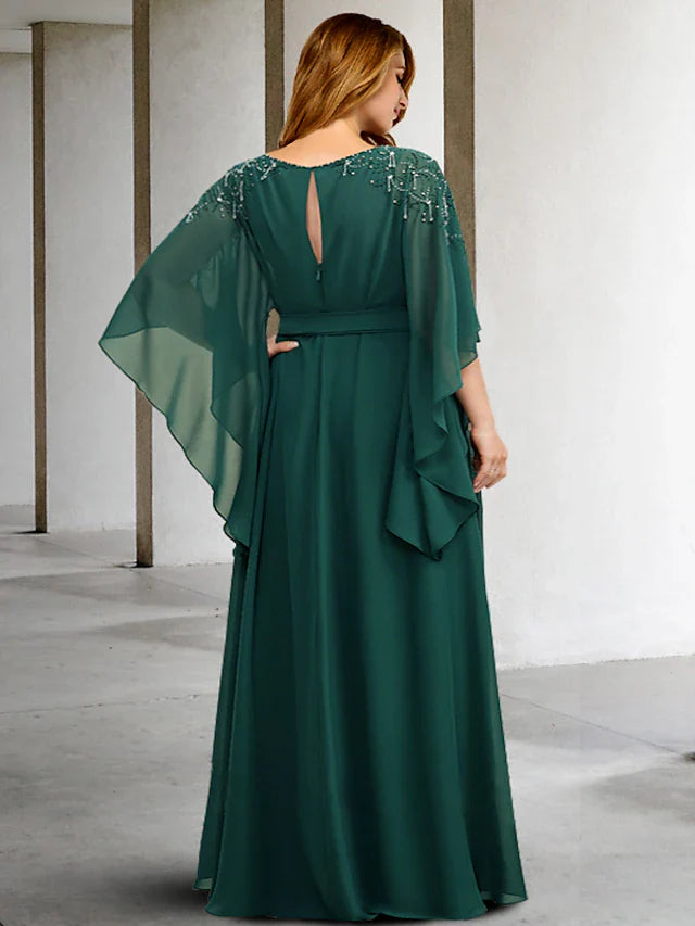 Wholesale A-Line Plus Size Curve Mother of the Bride Dresses Elegant Dress Formal Floor Length Half Sleeve Jewel Neck Chiffon with Beading Strappy