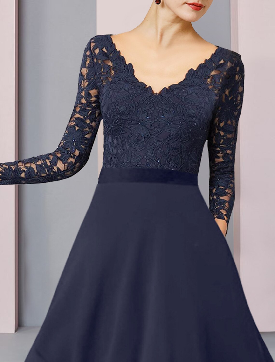 Wholesale  Sheath / Column Mother of the Bride Dress Wedding Guest Vintage Elegant V Neck Asymmetrical Chiffon Lace Long Sleeve with Pleats