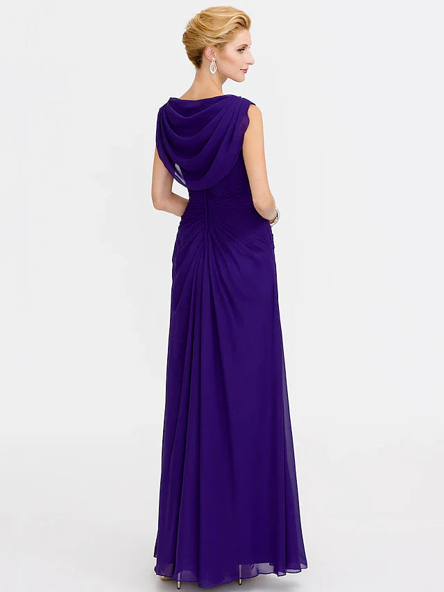 Wholesale Sheath / Column Mother of the Bride Dress Color Block Lace Up Cowl Neck Ankle Length Chiffon Charmeuse Sleeveless with Criss Cross Beading