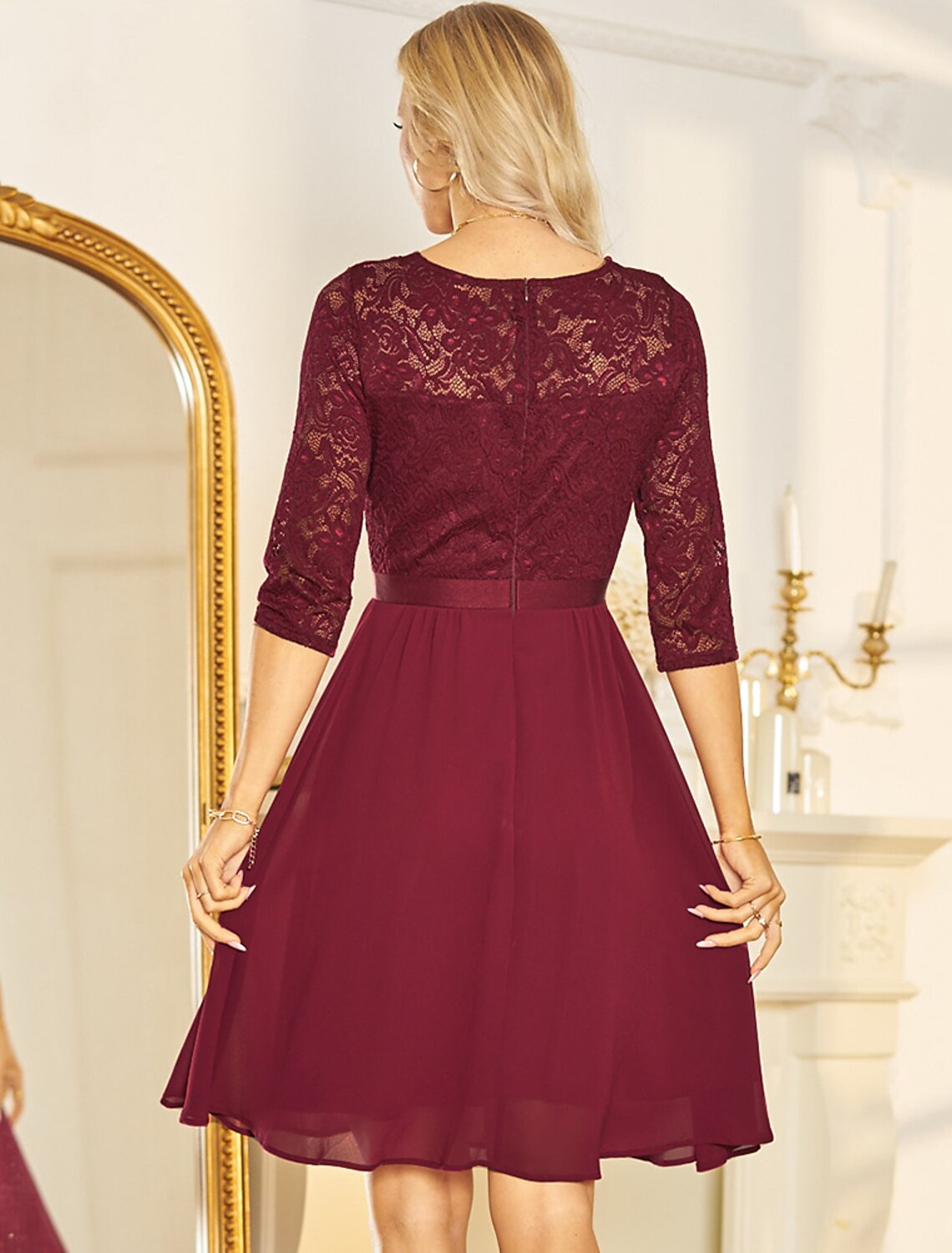 Wholesale A-Line Cocktail Dresses Vintage Dress Wedding Guest Party Wear Knee Length Half Sleeve V Neck Chiffon with Pleats