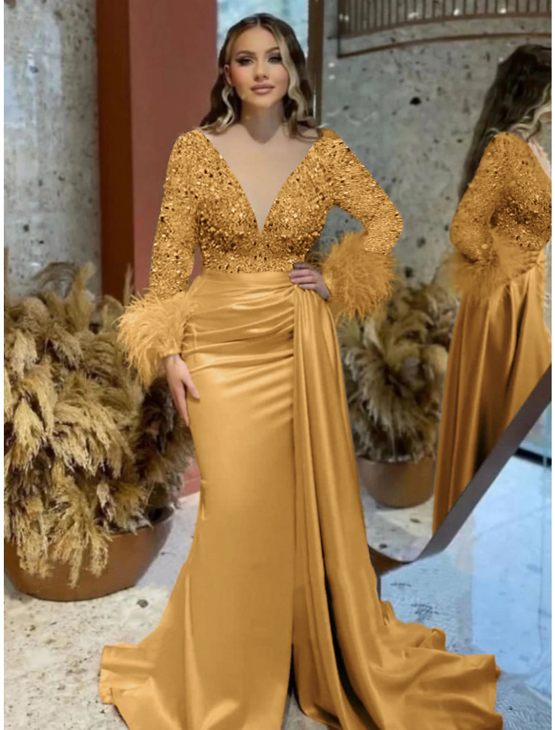 Wholesale Mermaid Plus Size Dress Champagne Satin Evening Gown Sparkle Sequin Dress Walk Through Formal Wedding Court Train Long Sleeve V Neck with Feather Glitter Ruched