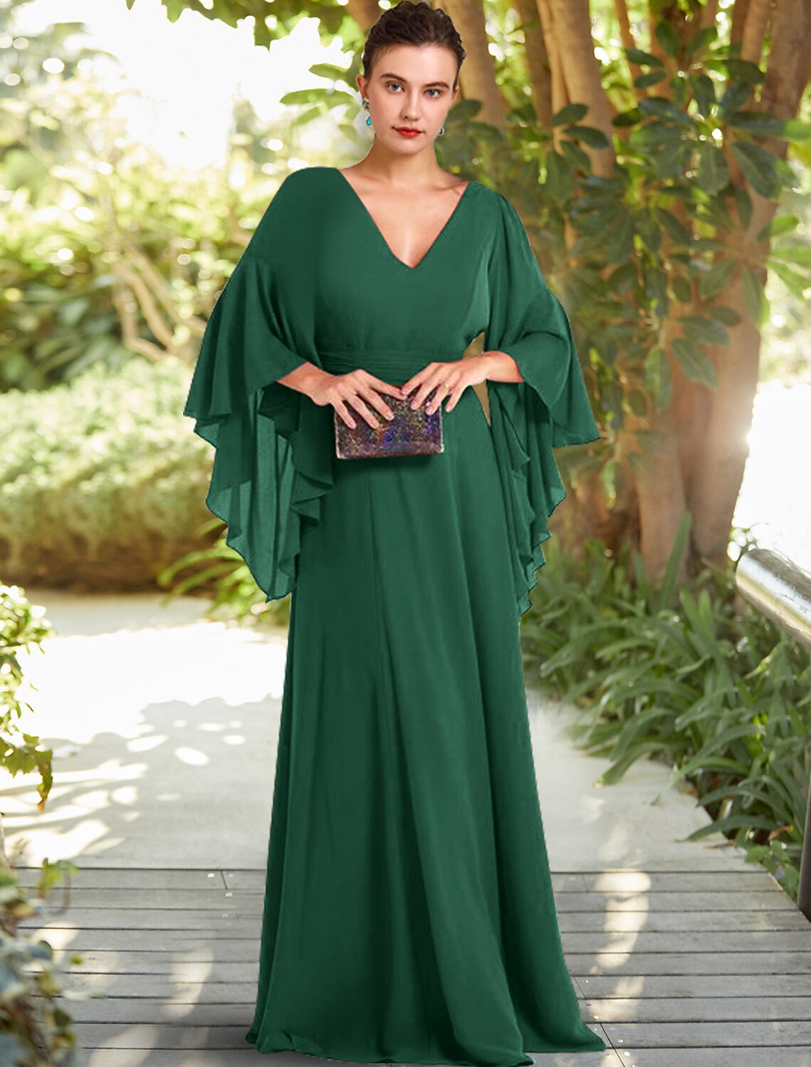 Wholesale A-Line Mother of the Bride Dress Formal Wedding Guest Elegant V Neck Floor Length Chiffon 3/4 Length Sleeve with Ruched