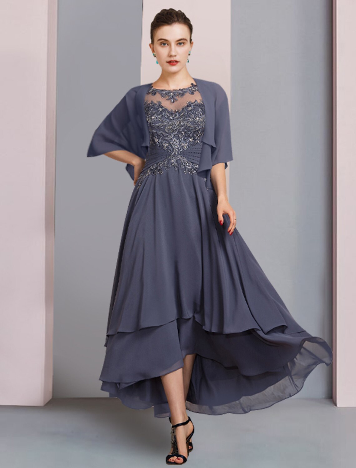 Wholesale  Two Piece A-Line Mother of the Bride Dress Formal Wedding Guest Elegant Scoop Neck Asymmetrical Tea Length Chiffon Lace Short Sleeve Wrap Included with Beading Appliques