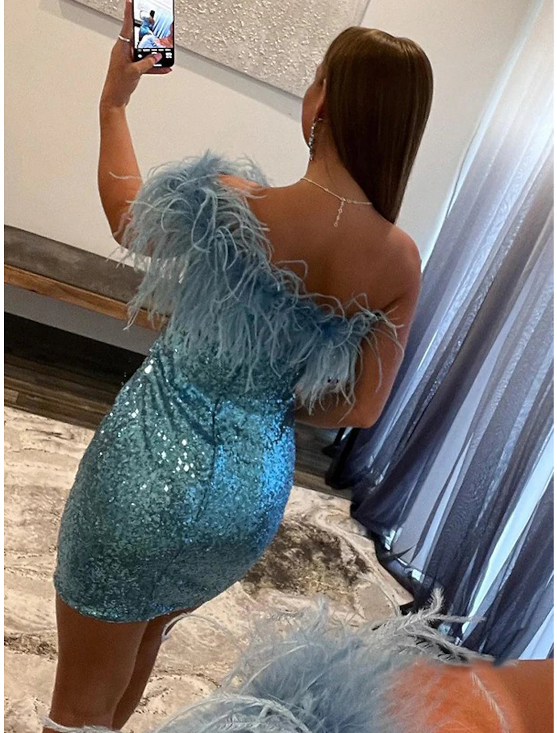 Wholesale Mermaid / Trumpet Cocktail Dresses Party Dress Homecoming Cocktail Party Short / Mini Sleeveless One Shoulder Sequined with Feather Sequin