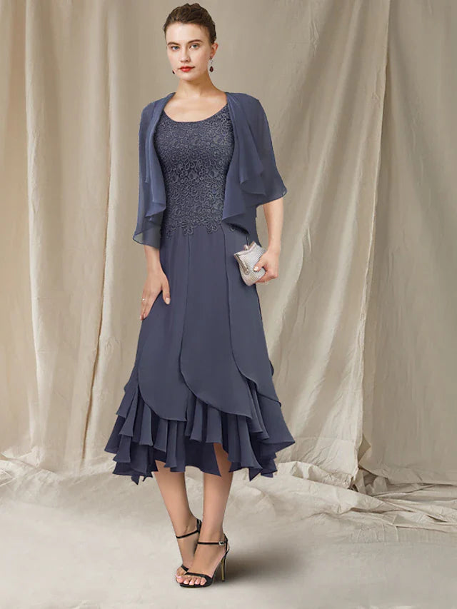 Wholesale Mermaid / Trumpet Mother of the Bride Dress Elegant High Low Jewel Neck Asymmetrical Tea Length Chiffon Lace Short Sleeve Wrap Included with Lace Ruffles