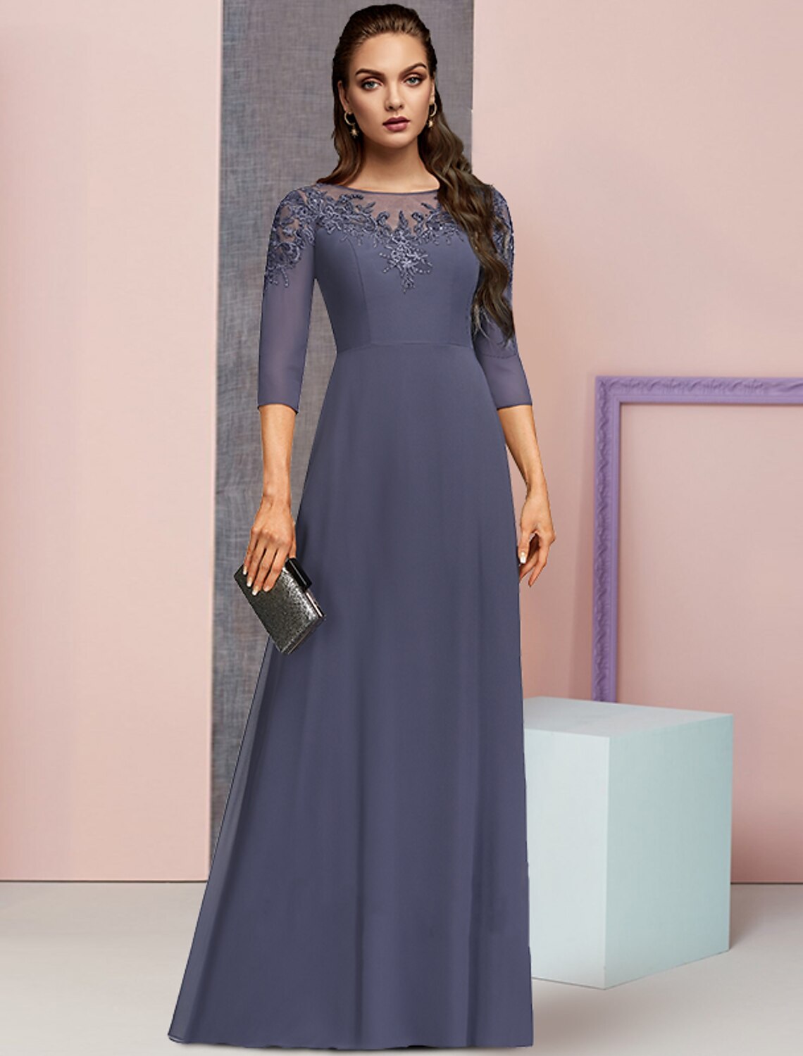 Wholesale  A-Line Mother of the Bride Dress Formal Elegant Jewel Neck Floor Length Chiffon Lace 3/4 Length Sleeve with Sequin Appliques