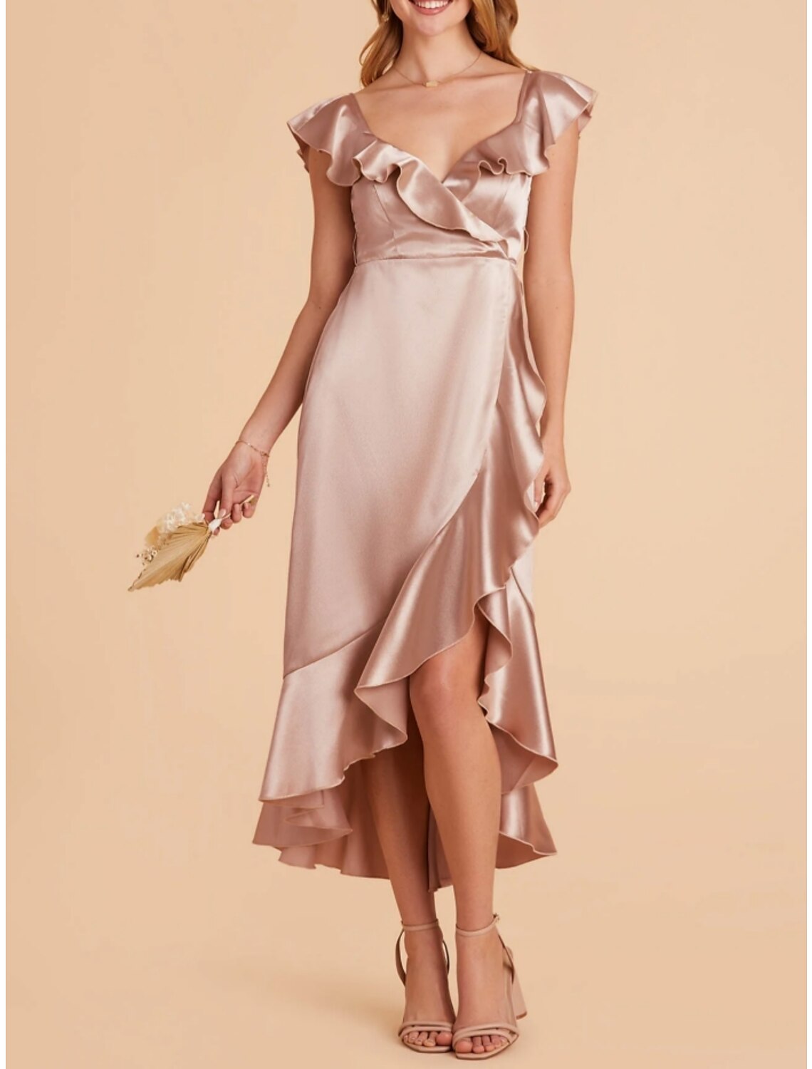 Wholesale A-Line Bridesmaid Dress V Neck Short Sleeve Pink Asymmetrical Stretch Satin with Sash / Ribbon / Ruffles / Split Front