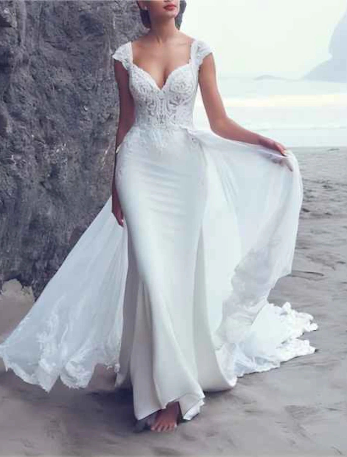 Wholesale Beach Boho Wedding Dresses Mermaid / Trumpet V Neck Cap Sleeve Court Train Chiffon OverSkirts Bridal Gowns With Embroidery Appliques
