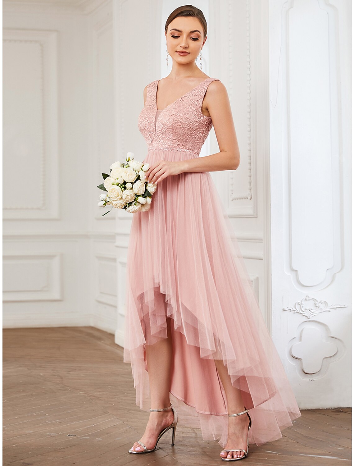 Wholesale  A-Line Bridesmaid Dress V Neck Sleeveless Elegant Short / Mini Lace / Tulle with Draping / Ruching