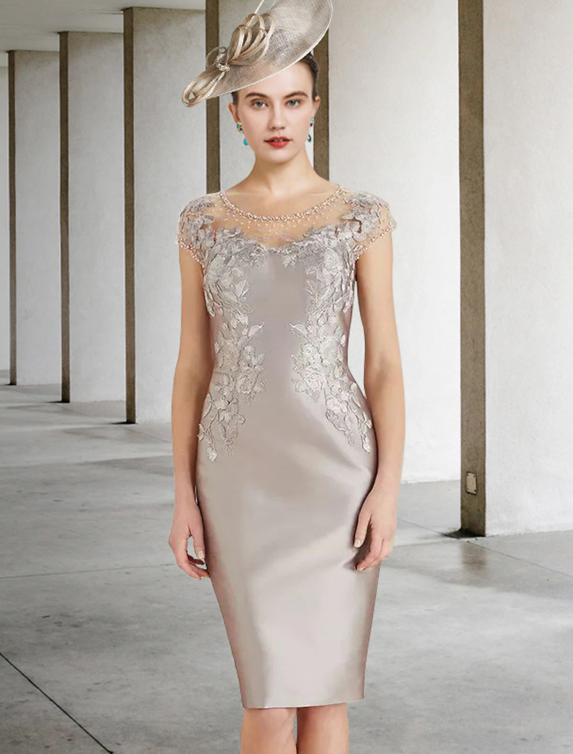 Wholesale  Sheath / Column Mother of the Bride Dress Wedding Guest Luxurious Elegant Jewel Neck Knee Length Lace Charmeuse Cap Sleeve with Beading Appliques Fall