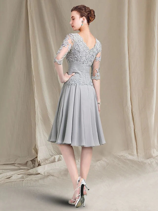 Wholesale A-Line Mother of the Bride Dress Elegant Square Neck Knee Length Chiffon Lace Half Sleeve with Ruched Appliques