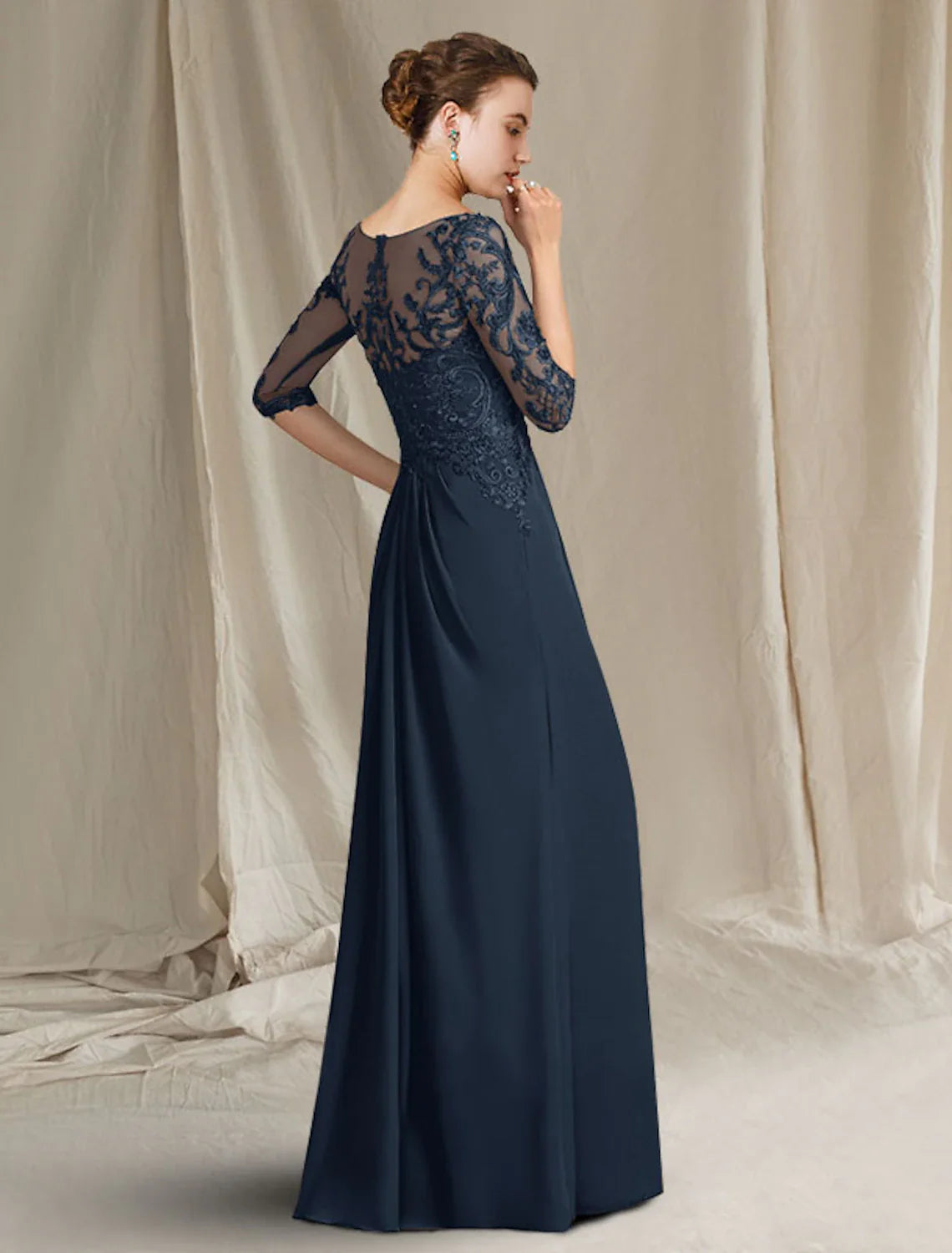 Wholesale Sheath / Column Mother of the Bride Dress Plus Size Elegant Jewel Neck Floor Length Chiffon Lace 3/4 Length Sleeve with Pleats Ruffles Appliques