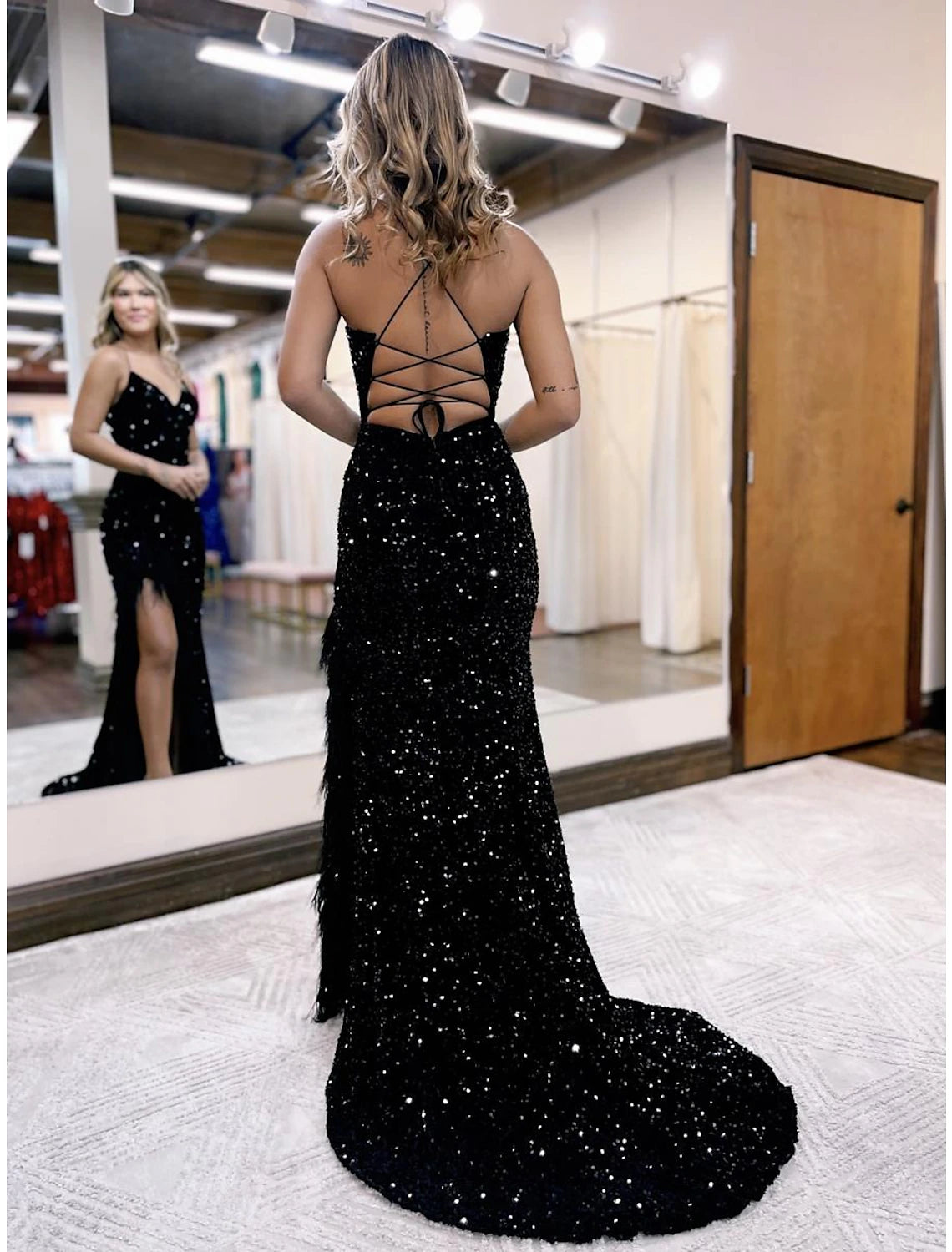 Wholesale  Mermaid / Trumpet Prom Dresses Sparkle & Shine Dress Formal Wedding Party Court Train Sleeveless V Neck Sequined Backless with Sequin Slit