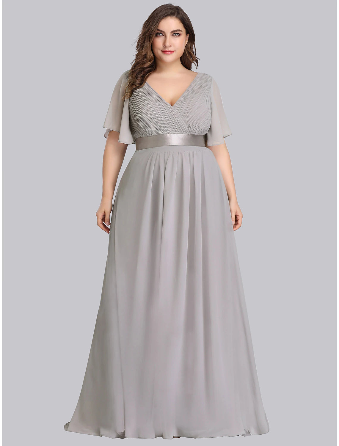 Wholesale A-Line Empire Fall Wedding Guest Dress For Bridesmaid Plus Size Formal Evening Dress V Neck Short Sleeve Floor Length Chiffon with Pleats Ruched