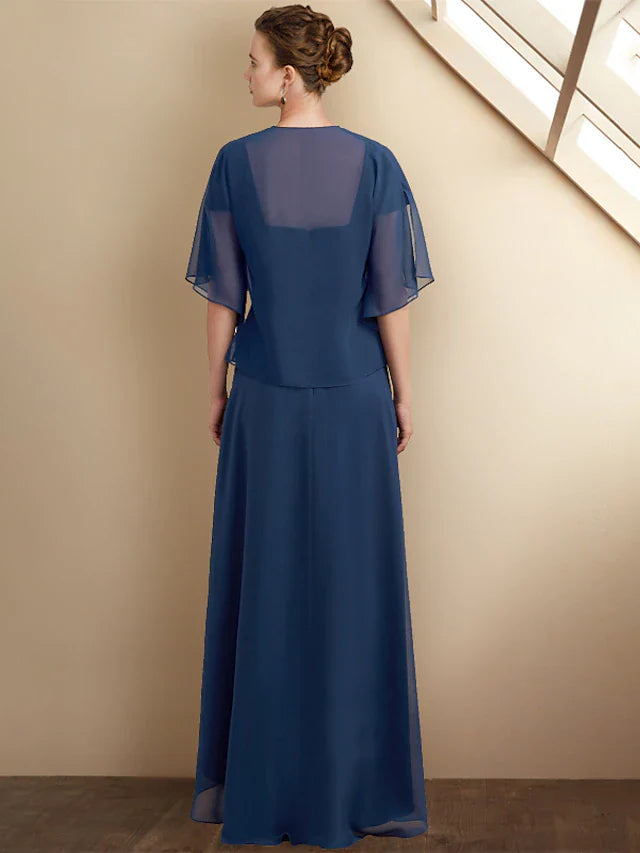 Wholesale A-Line Mother of the Bride Dress Elegant High Low Square Neck Asymmetrical Tea Length Chiffon Lace Cap Sleeve Wrap Included with Sequin Appliques Side-Draped