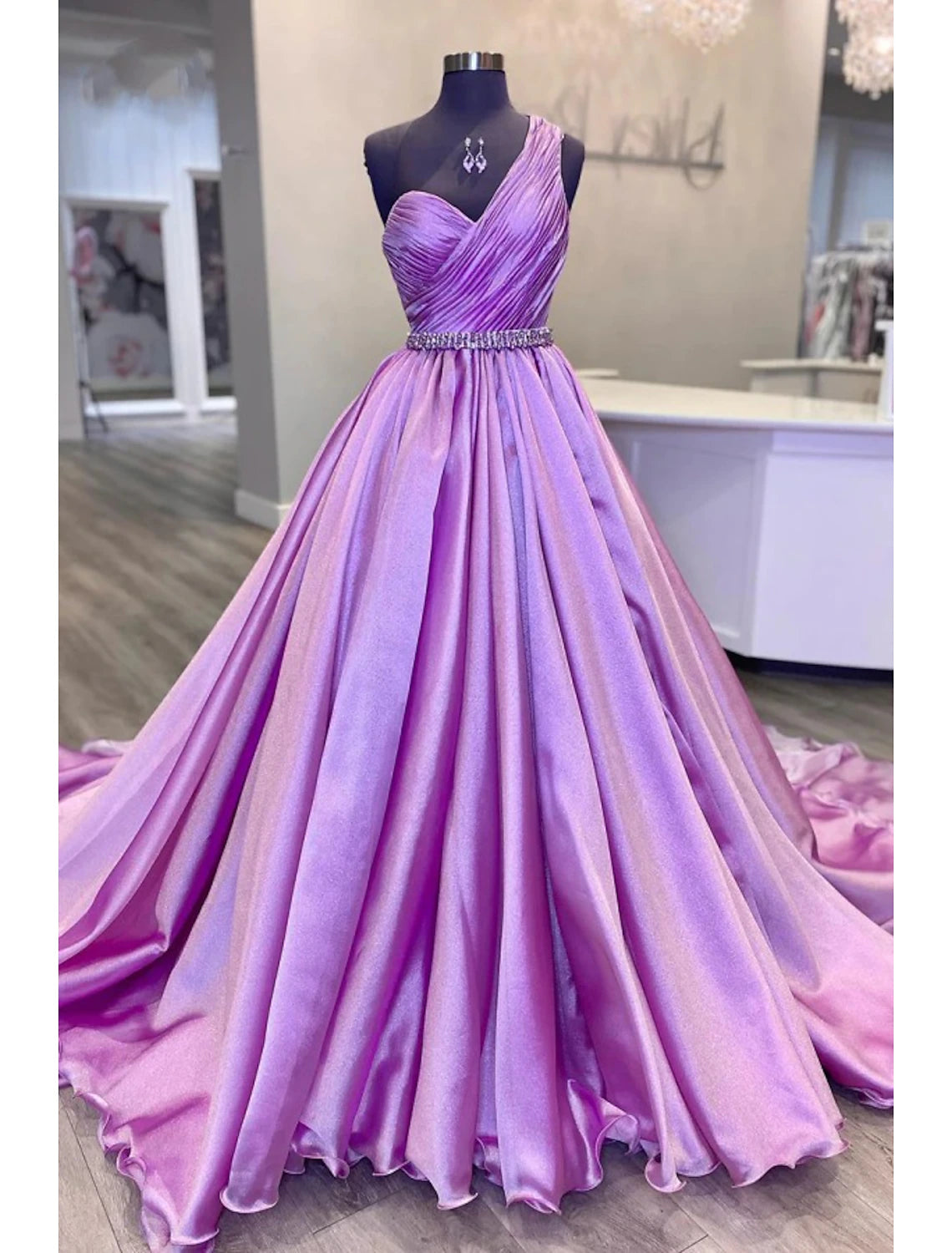 Wholesale Ball Gown Evening Gown Luxurious Dress Wedding Party Court Train Sleeveless One Shoulder Belt / Sash Charmeuse with Ruched Crystals