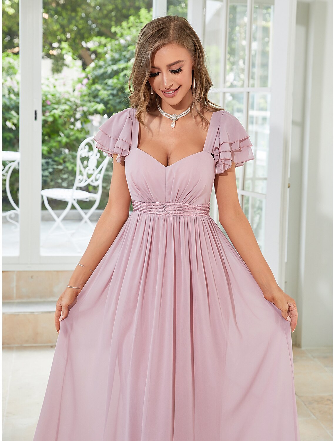 Wholesale  A-Line Wedding Guest Dresses Elegant Dress Party Wear Wedding Party Floor Length Short Sleeve Square Neck Chiffon with Ruffles