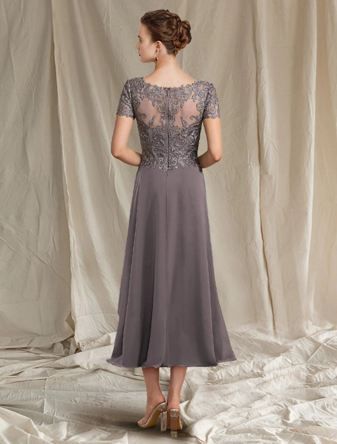 Wholesale A-Line Mother of the Bride Dress Elegant V Neck Tea Length Chiffon Lace Short Sleeve with Pleats Appliques