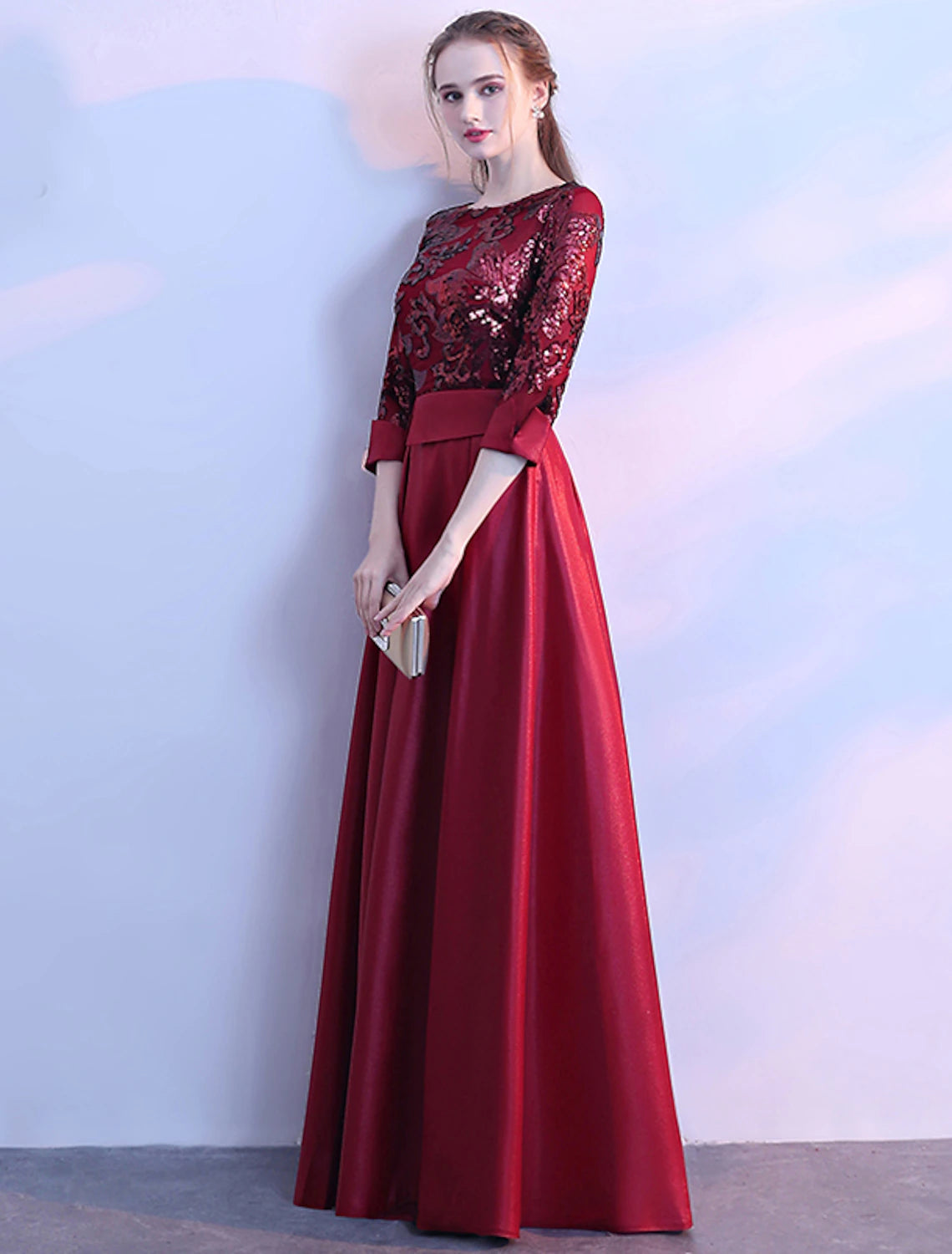 Wholesale  A-Line Glittering Elegant Prom Formal Evening Dress Jewel Neck 3/4 Length Sleeve Floor Length Satin with Sequin