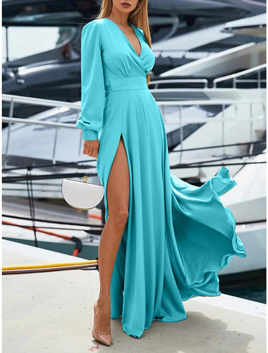 Wholesale Sheath / Column Bridesmaid Dress V Neck Long Sleeve Vintage Sweep / Brush Train Imitated Silk with Sash / Ribbon / Split Front
