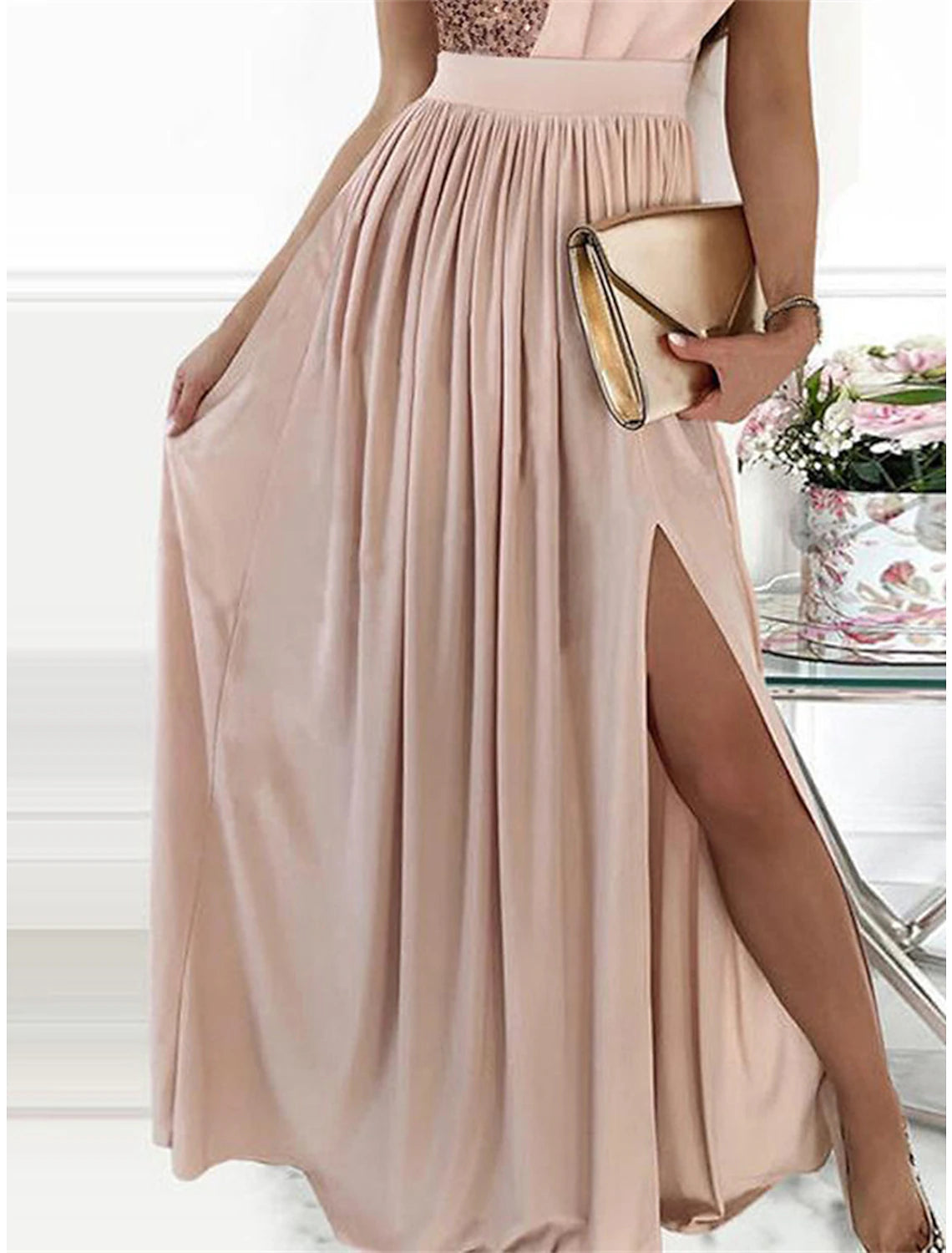 Wholesale Women's Pink Sequin Dress Prom Dress Party Dress Sparkly Dress Long Dress Maxi Dress Sleeveless Color Block Fall Winter One Shoulder Fashion Winter Dress