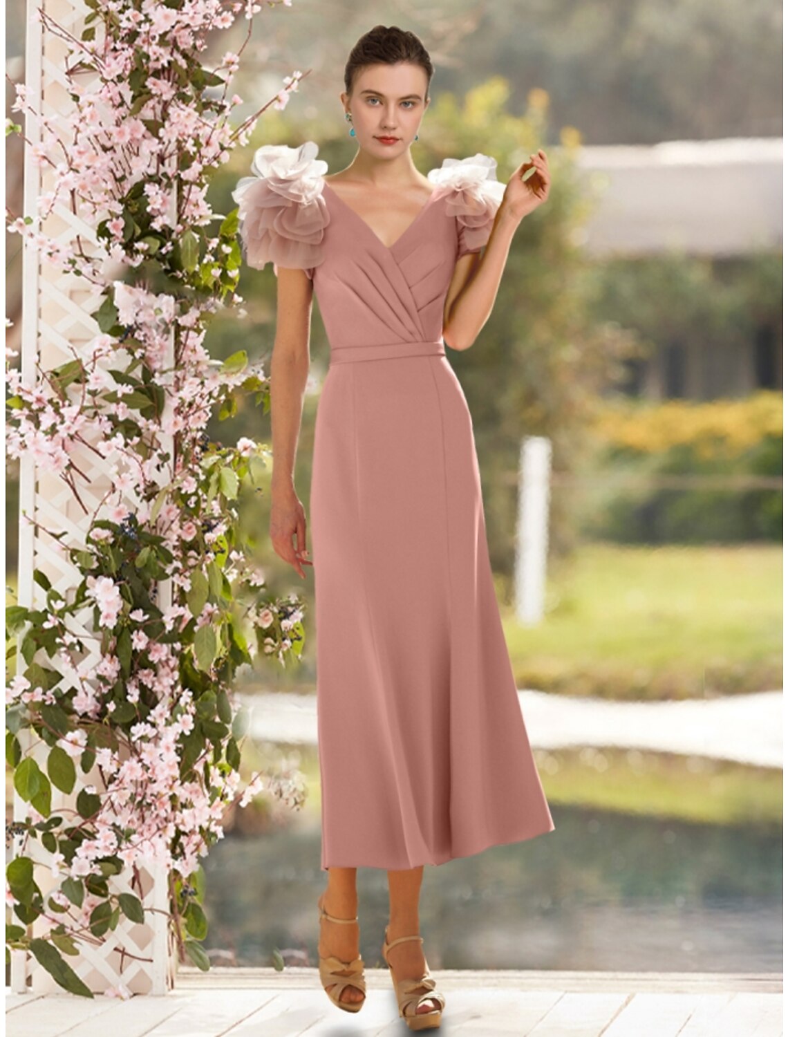 Wholesale A-Line Mother of the Bride Dress Wedding Guest Elegant V Neck Ankle Length Satin Short Sleeve with Cascading Ruffles Ruching