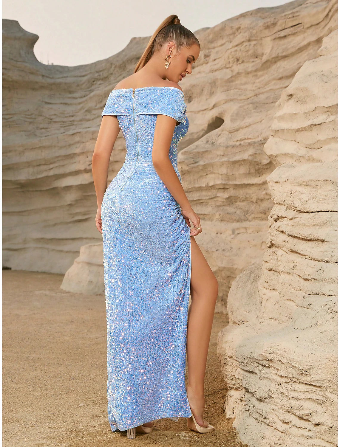 Wholesale Baby Blue Sheath / Column Party Dresses Sparkle & Shine Dress Party Wear Floor Length Short Sleeve Off Shoulder Sequined with Glitter Ruched