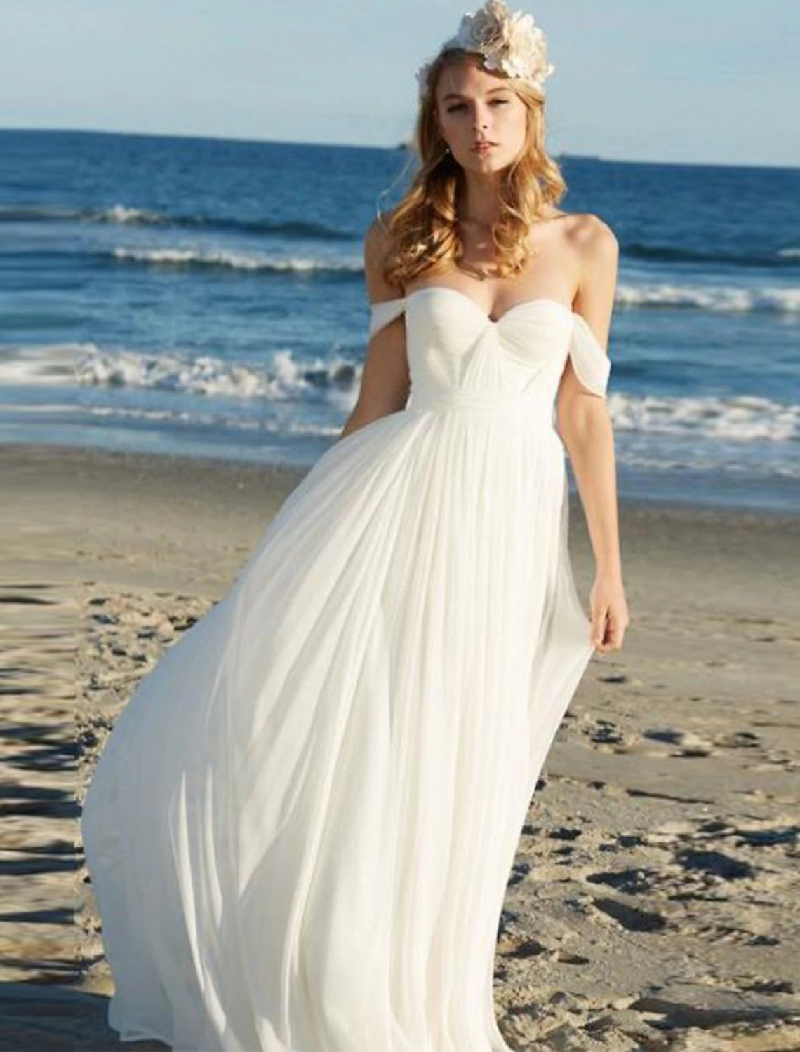 Wholesale  Beach Sexy Boho Wedding Dresses A-Line Off Shoulder Cap Sleeve Floor Length Chiffon Bridal Gowns With Pleats Solid
