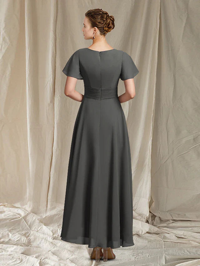 Wholesale A-Line Mother of the Bride Dress Elegant V Neck Ankle Length Chiffon Short Sleeve with Pleats Beading