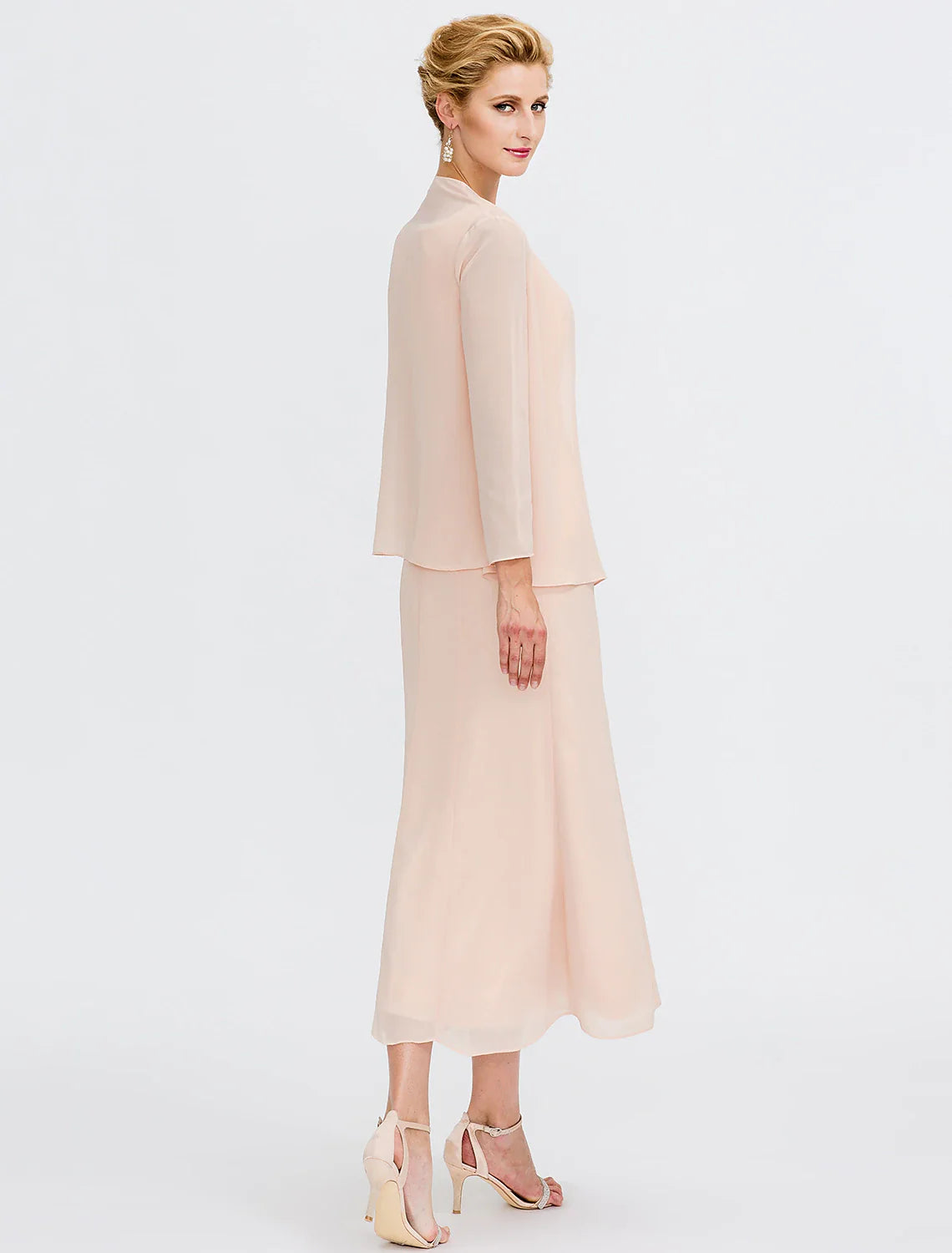 Wholesale Two Piece Sheath / Column Mother of the Bride Dress Fall Wedding Guest Dresses Plus Size Elegant Jewel Neck Tea Length Chiffon Sleeveless Wrap Included with Sash / Ribbon Pleats Beading