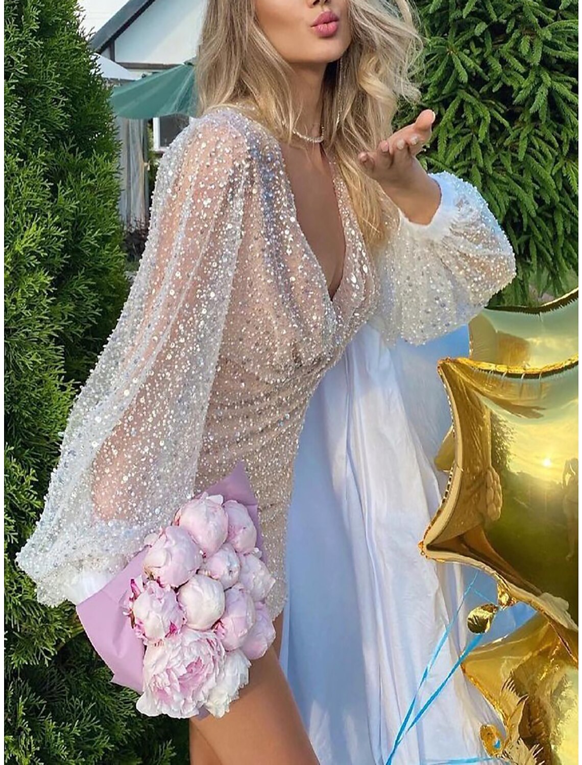 Wholesale Women's Sequin Dress Party Dress Sparkly Dress Homecoming Dress Mini Dress White Long Sleeve Summer Spring Fall Deep V Modern