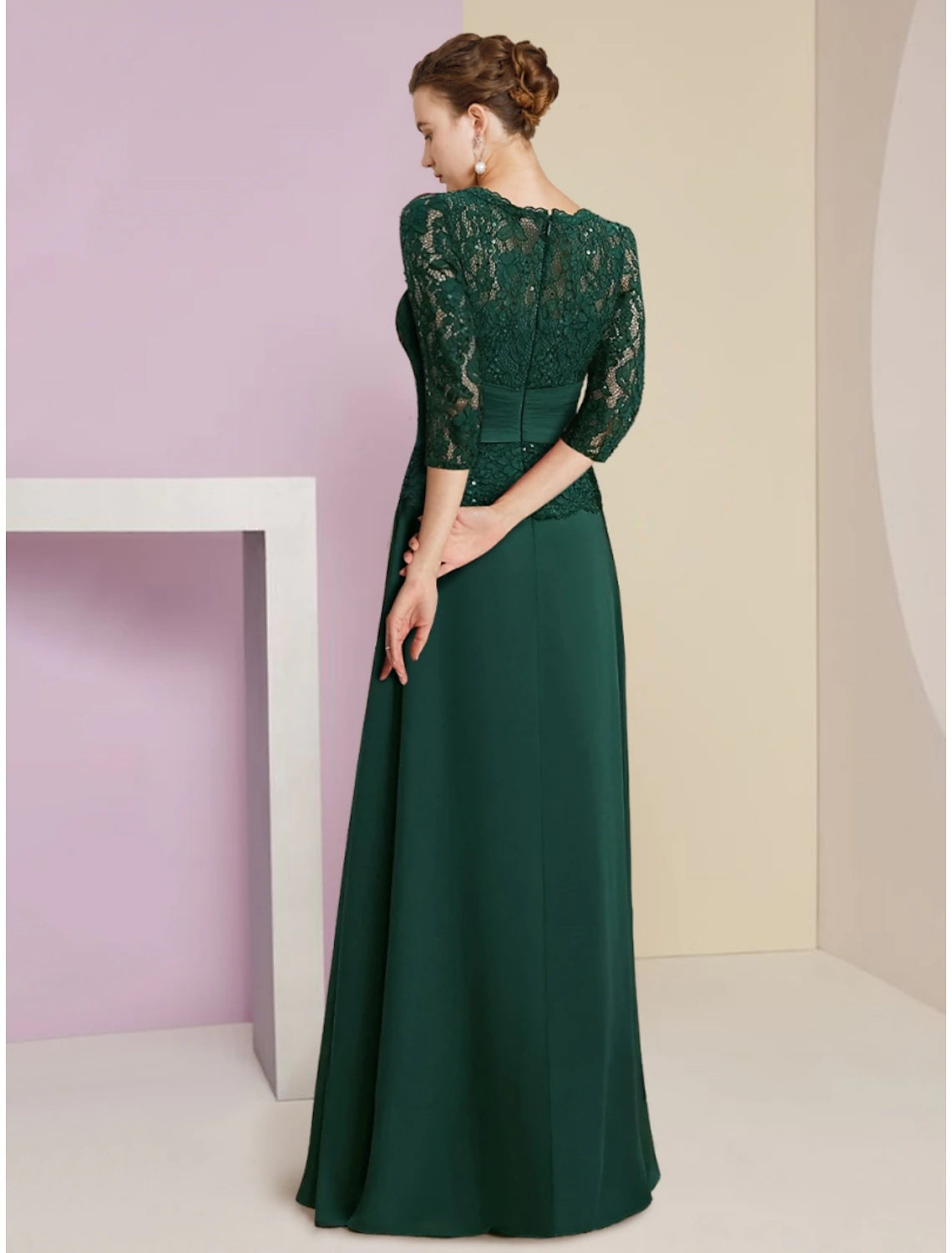 Wholesale A-Line Mother of the Bride Dress Wedding Guest Elegant Scoop Neck Floor Length Stretch Chiffon 3/4 Length Sleeve with Lace Sequin Ruching