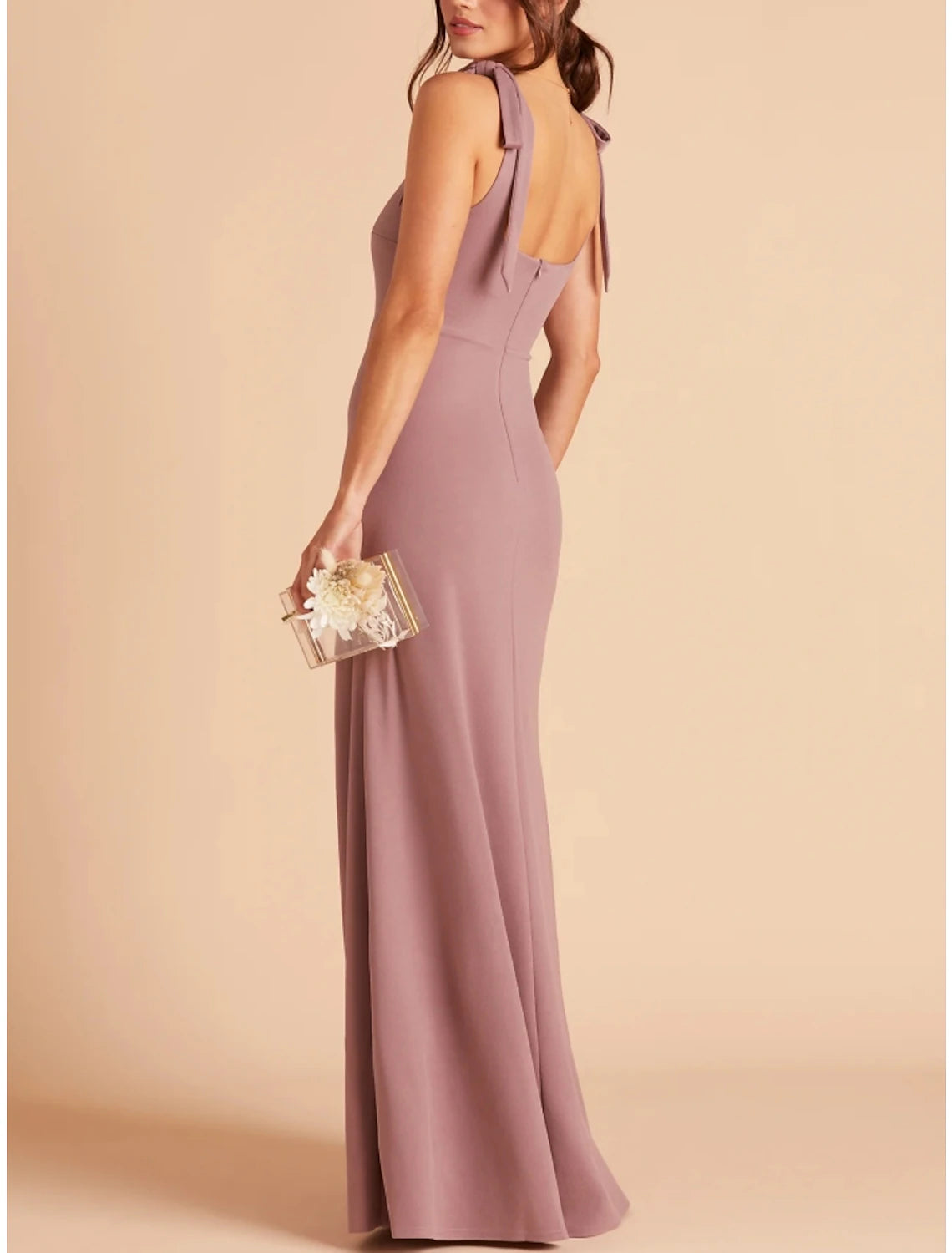 Wholesale Sheath / Column Bridesmaid Dress Square Neck Sleeveless Pink Floor Length Stretch Chiffon with Split Front / Ruching