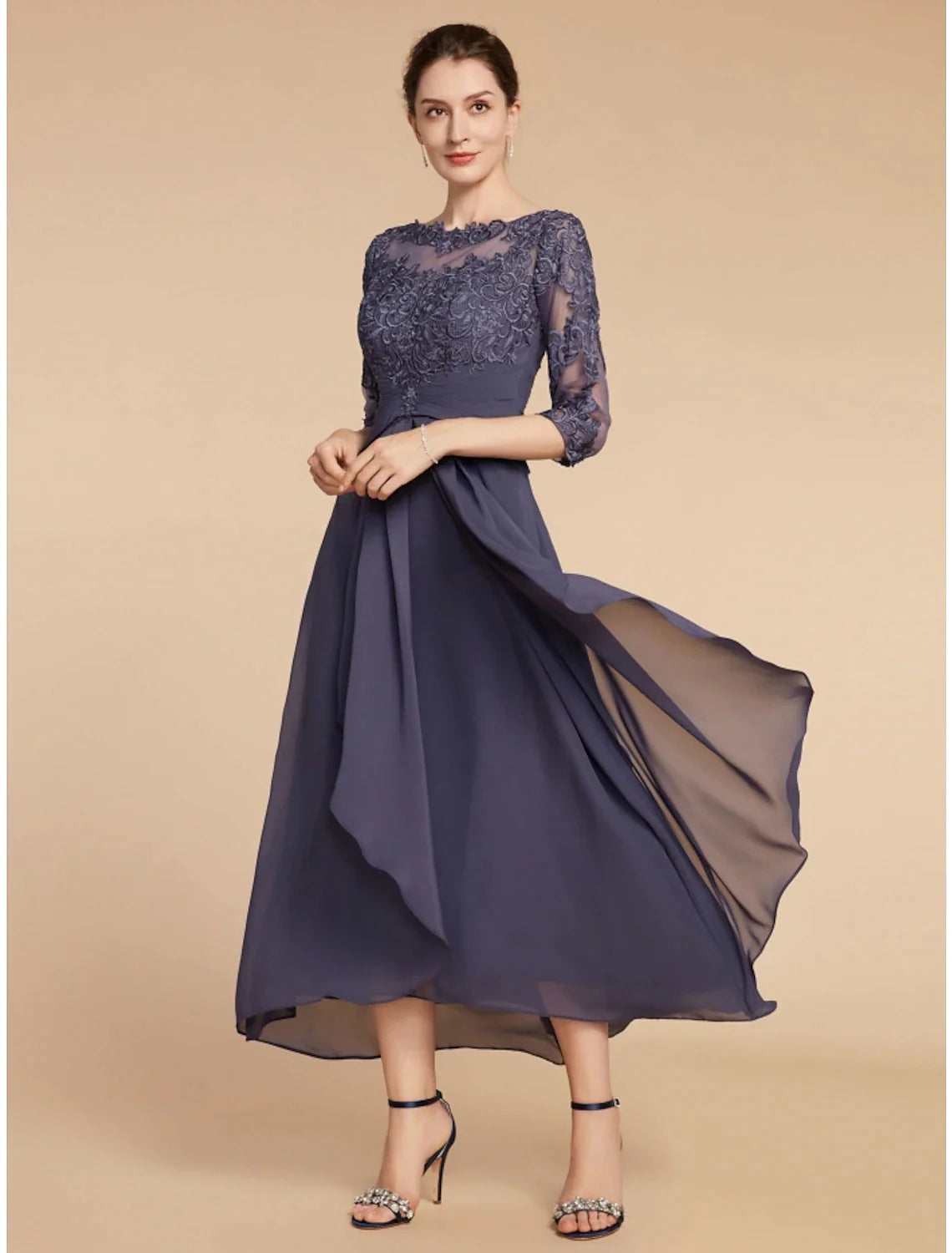Wholesale A-Line Mother of the Bride Dress Wedding Guest Elegant Scoop Neck Ankle Length Chiffon Lace 3/4 Length Sleeve with Ruching Solid Color