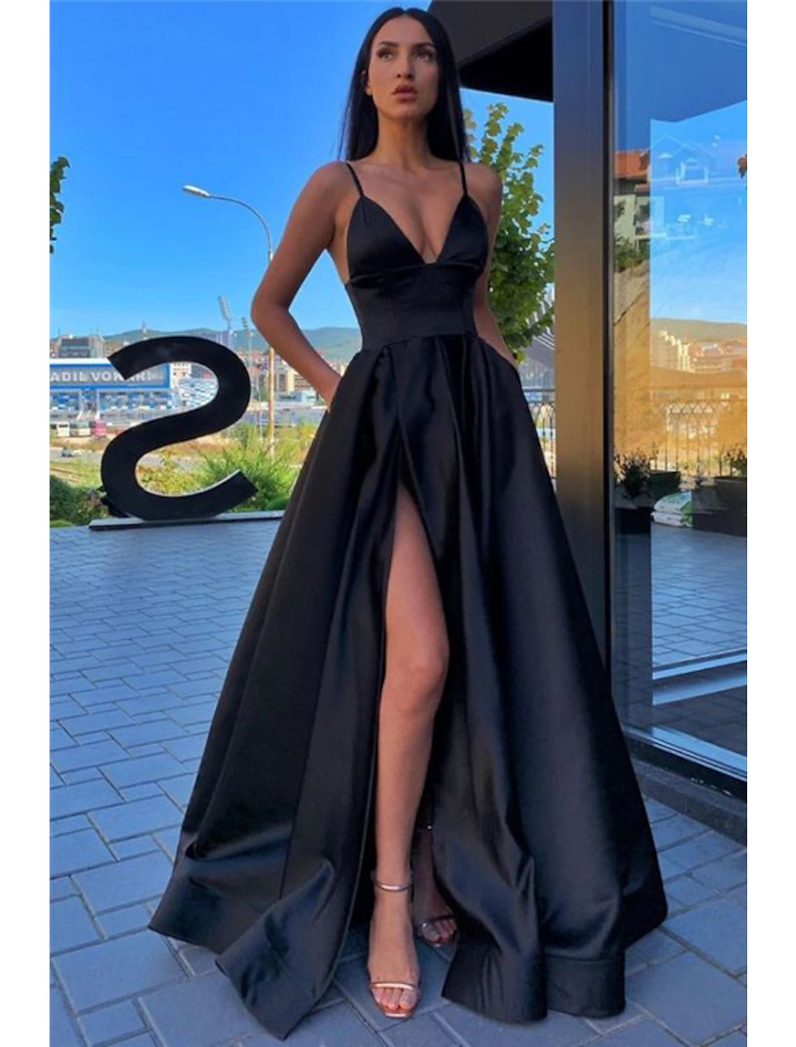 Wholesale  A-Line Black Prom Dress High Split Evening Dress Formal Birthday Summer Dress Spaghetti Strap Sleeveless Sweep / Brush Train Satin with Pleats Split Front