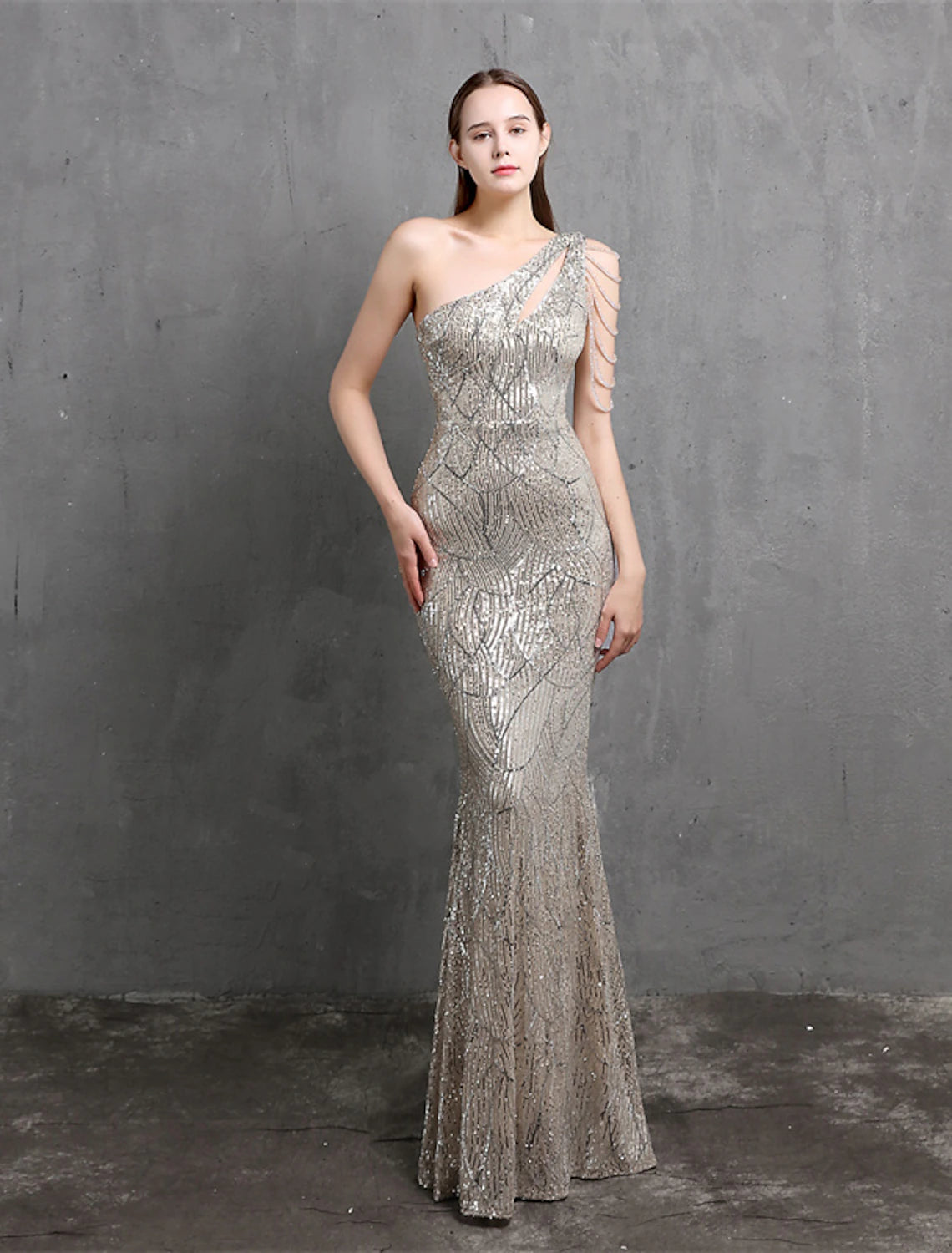 Wholesale Mermaid / Trumpet Evening Gown Sparkle & Shine Dress Formal Wedding Guest Floor Length Short Sleeve One Shoulder Sequined with Sequin