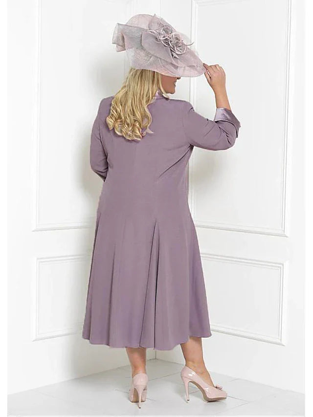 Wholesale Two Piece Sheath / Column Mother of the Bride Dress Church Plus Size Wrap Included Square Neck Tea Length Charmeuse 3/4 Length Sleeve with Sash / Ribbon Ruching