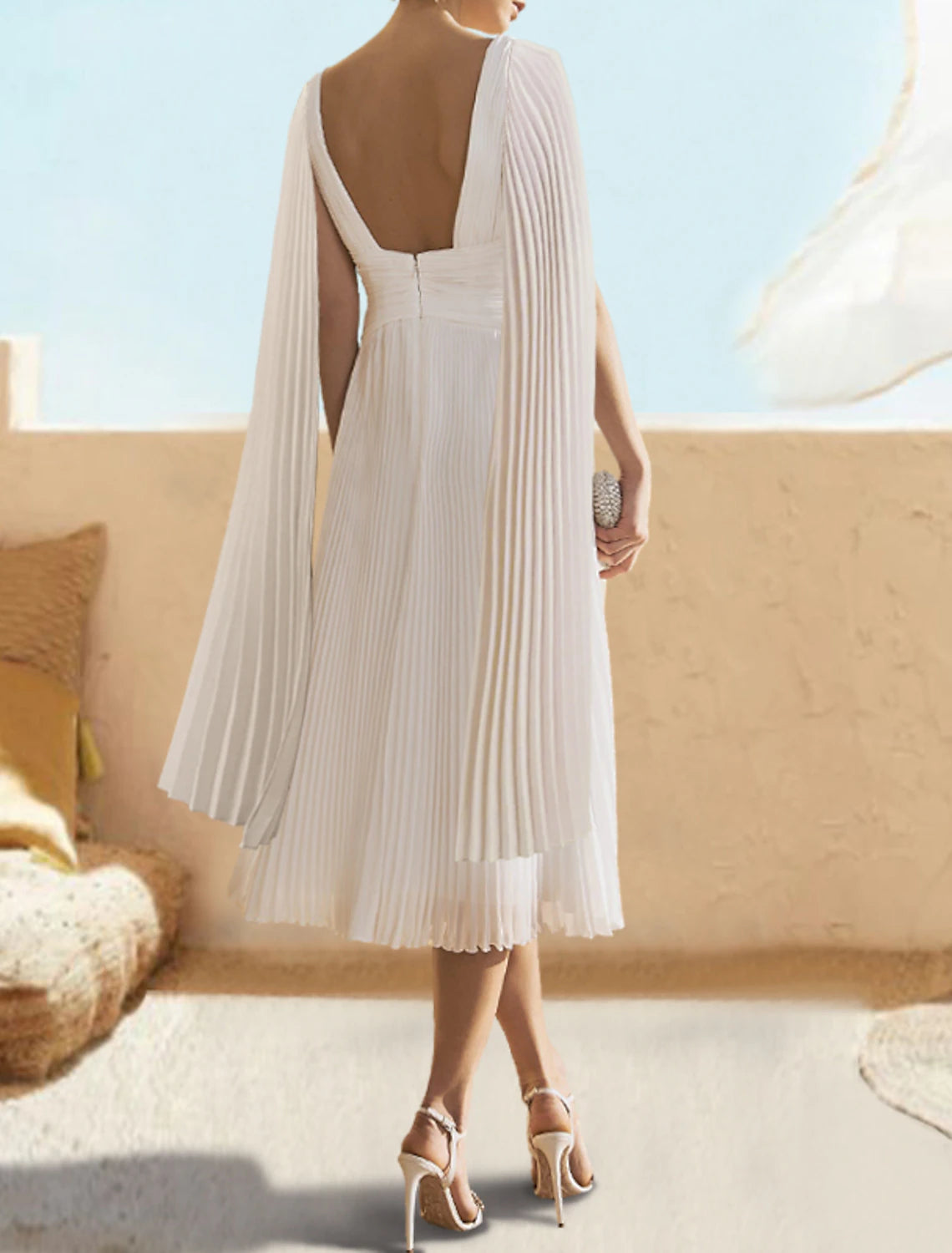 Wholesale A-Line Cocktail Dresses Elegant Dress Semi Formal Tea Length Short Sleeve V Neck Fall Wedding Guest Chiffon with Shawl